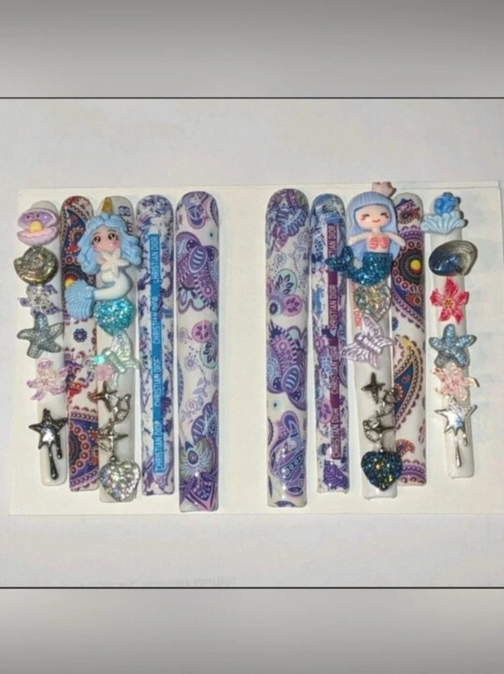 Hand CRAFTED Ladies Mermaid Press On  Nail  Set - Purple & Blue Paisley Sz Large